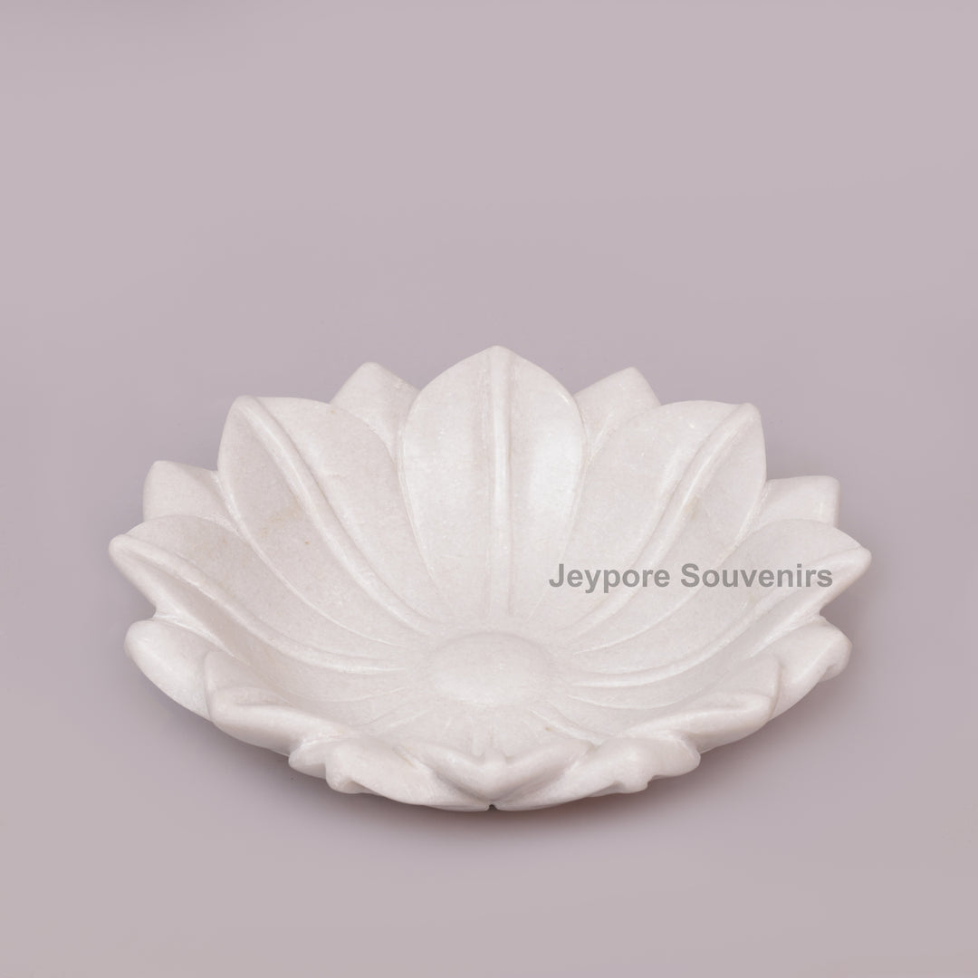 Hand-Carved White Marble Lotus Bowl with Fluted Petal Design