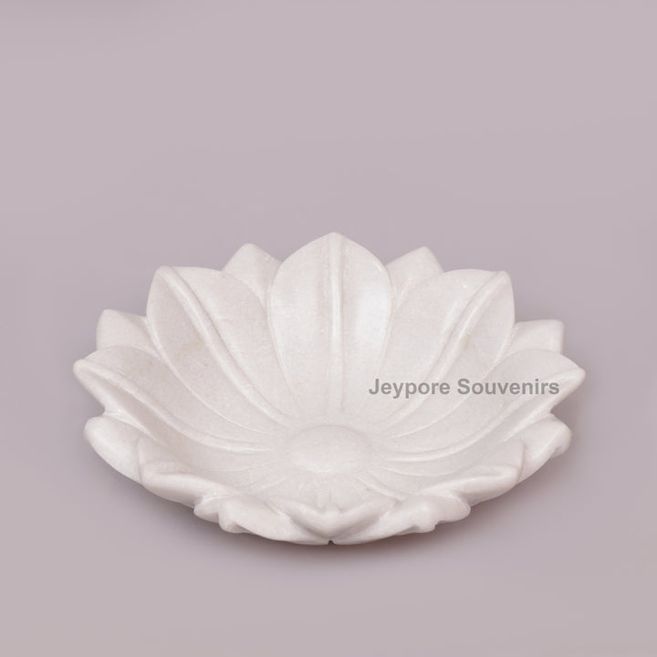 Hand-Carved White Marble Lotus Bowl with Fluted Petal Design