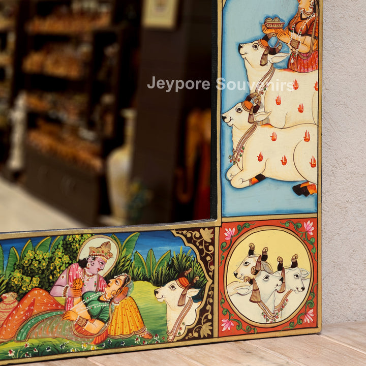 Handcrafted Krishna Raas Leela Luxury Wooden Wall Mirror