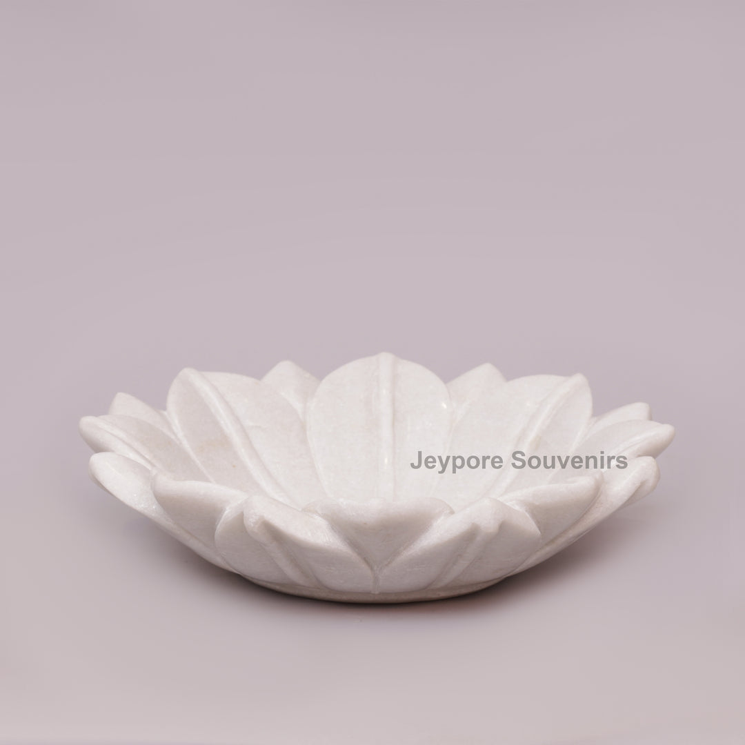 Hand-Carved White Marble Lotus Bowl with Fluted Petal Design