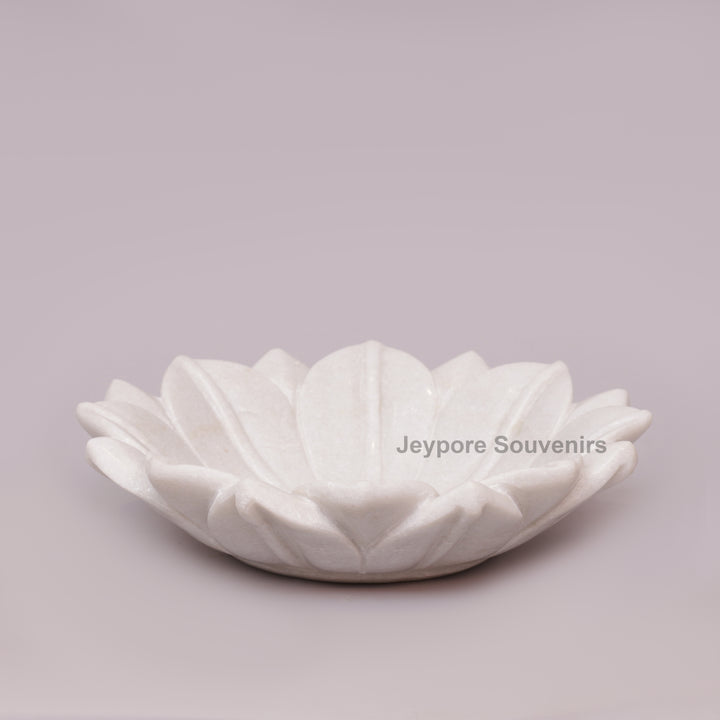 Hand-Carved White Marble Lotus Bowl with Fluted Petal Design