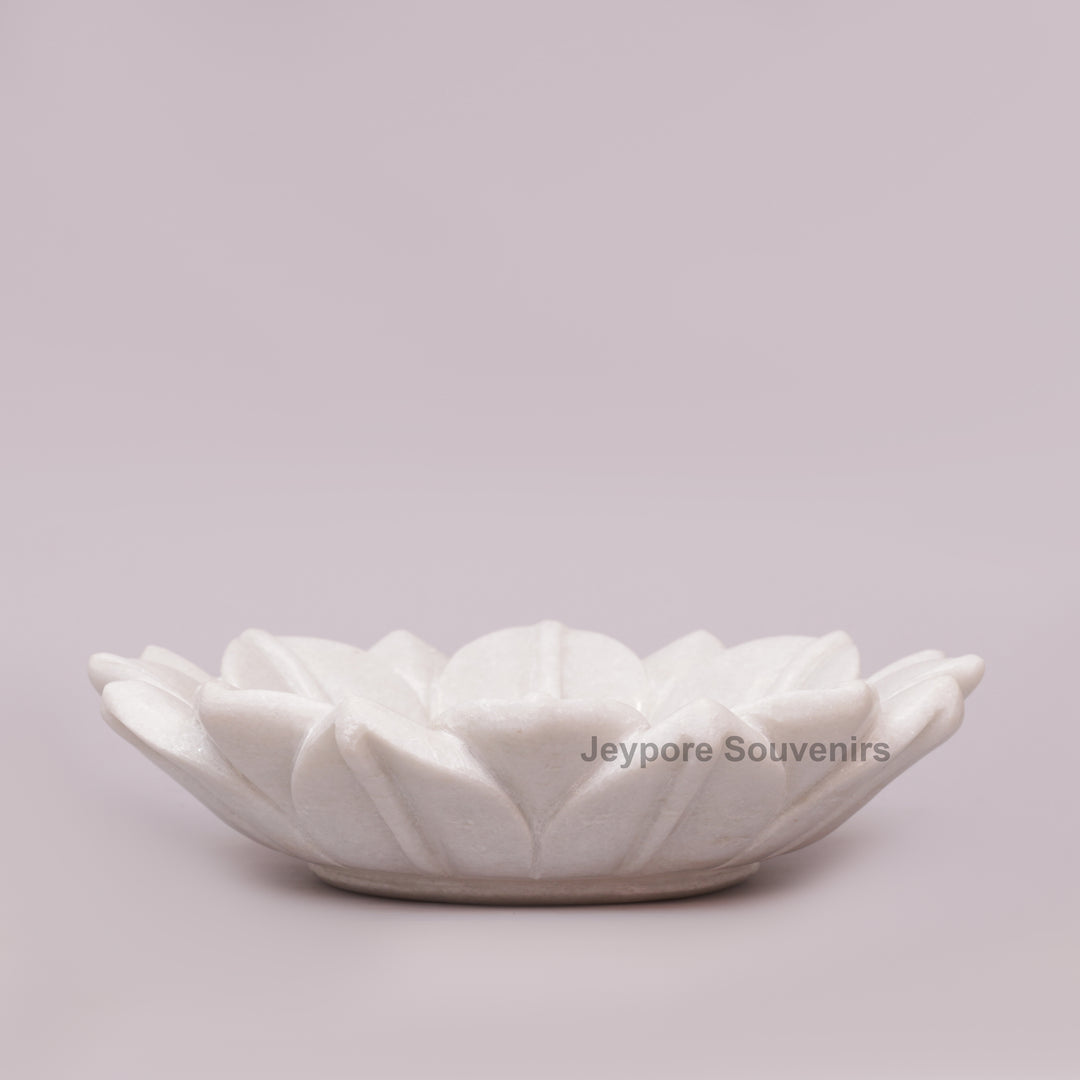 Hand-Carved White Marble Lotus Bowl with Fluted Petal Design