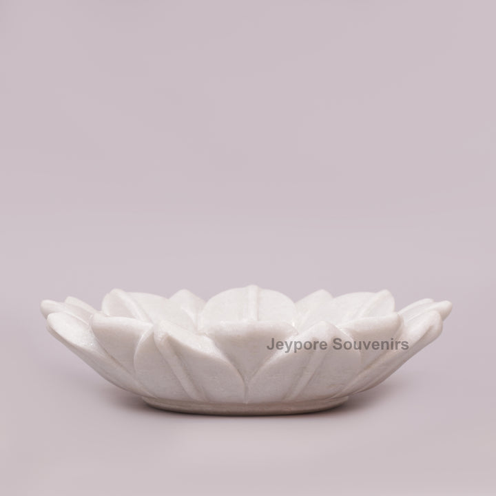 Hand-Carved White Marble Lotus Bowl with Fluted Petal Design