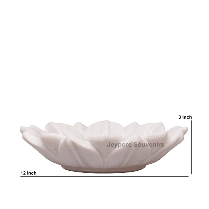 Hand-Carved White Marble Lotus Bowl with Fluted Petal Design