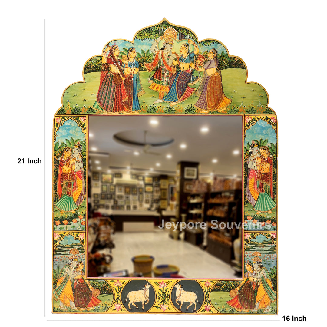 Radha Krishna Raas Leela Miniature Painting Decorative Wooden Wall Mirror