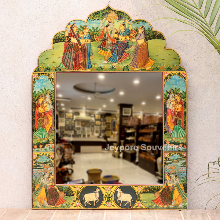Radha Krishna Raas Leela Miniature Painting Decorative Wooden Wall Mirror