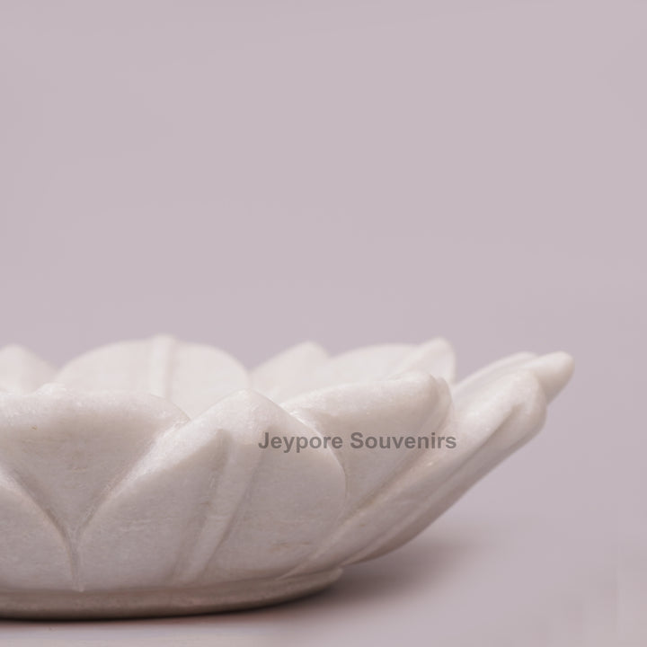 Hand-Carved White Marble Lotus Bowl with Fluted Petal Design