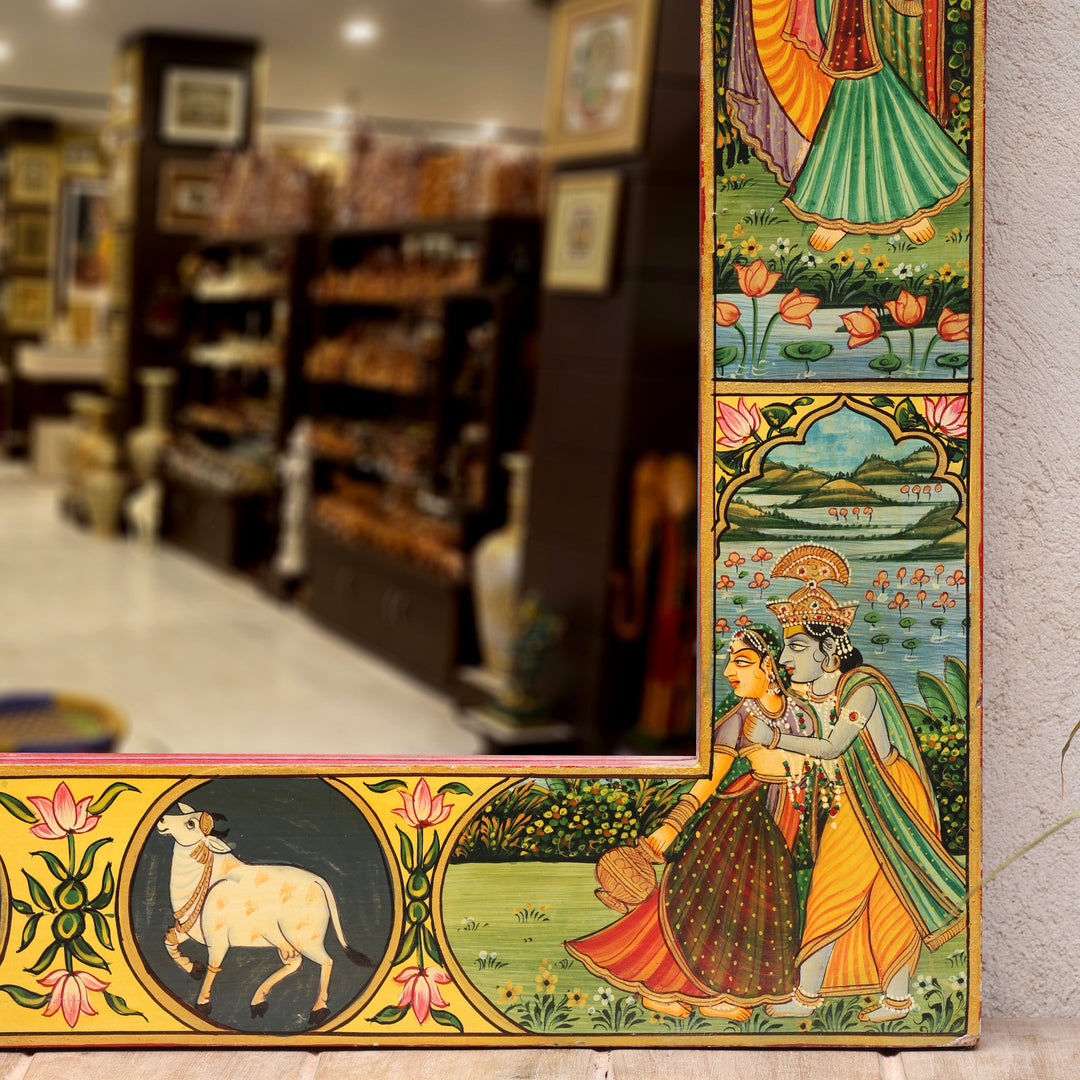 Radha Krishna Raas Leela Miniature Painting Decorative Wooden Wall Mirror