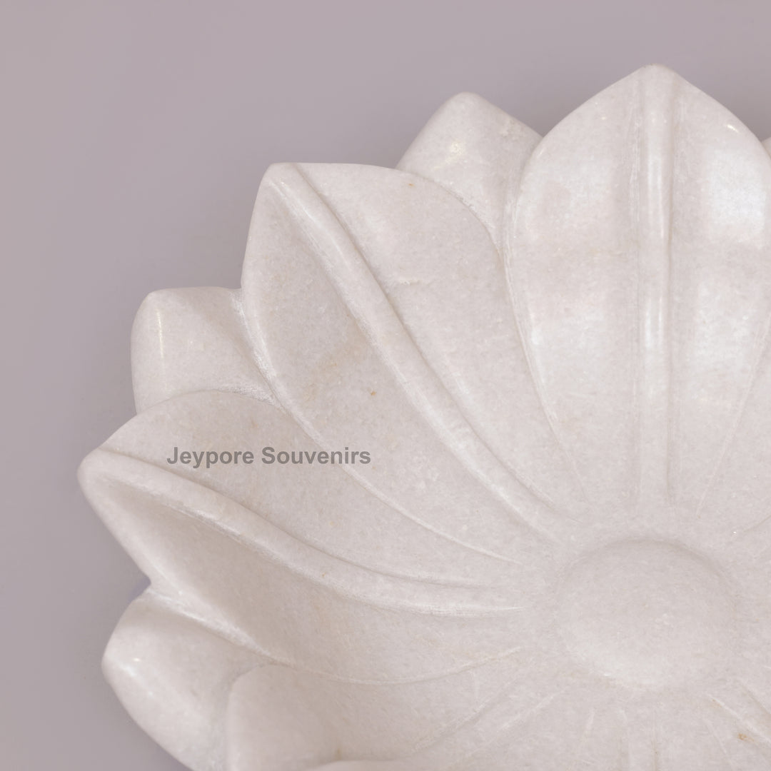 Hand-Carved White Marble Lotus Bowl with Fluted Petal Design