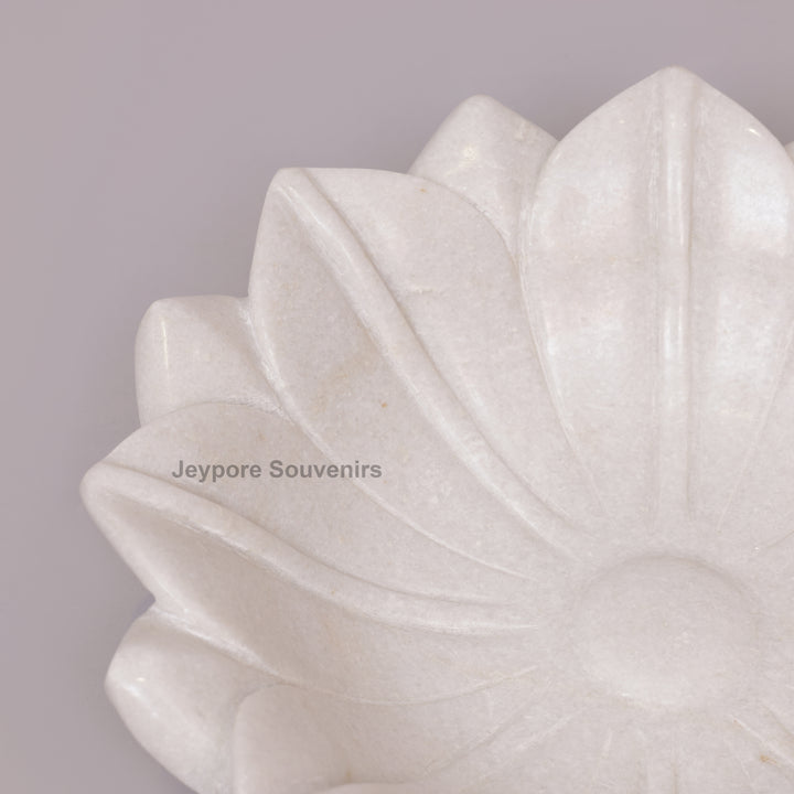 Hand-Carved White Marble Lotus Bowl with Fluted Petal Design