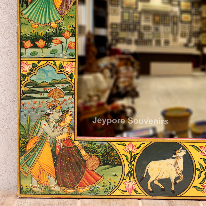 Radha Krishna Raas Leela Miniature Painting Decorative Wooden Wall Mirror