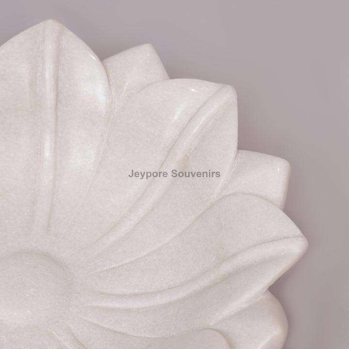 Hand-Carved White Marble Lotus Bowl with Fluted Petal Design