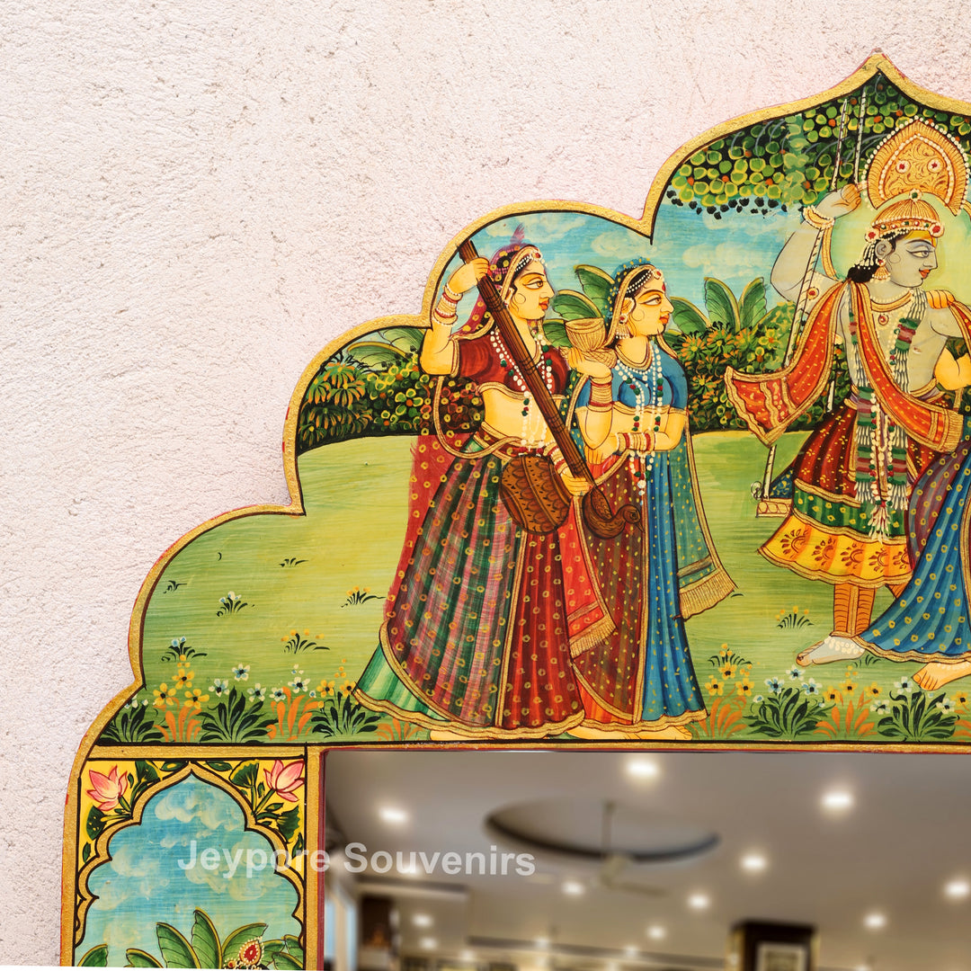 Radha Krishna Raas Leela Miniature Painting Decorative Wooden Wall Mirror