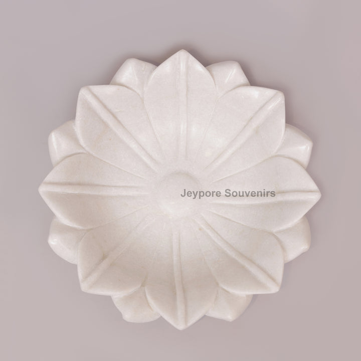 Hand-Carved White Marble Lotus Bowl with Fluted Petal Design
