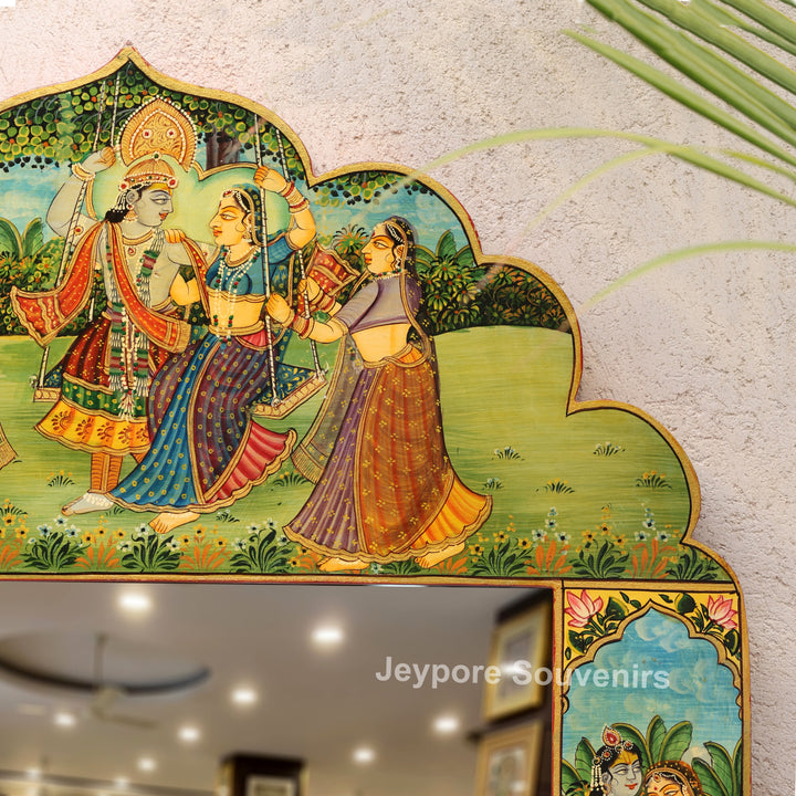 Radha Krishna Raas Leela Miniature Painting Decorative Wooden Wall Mirror
