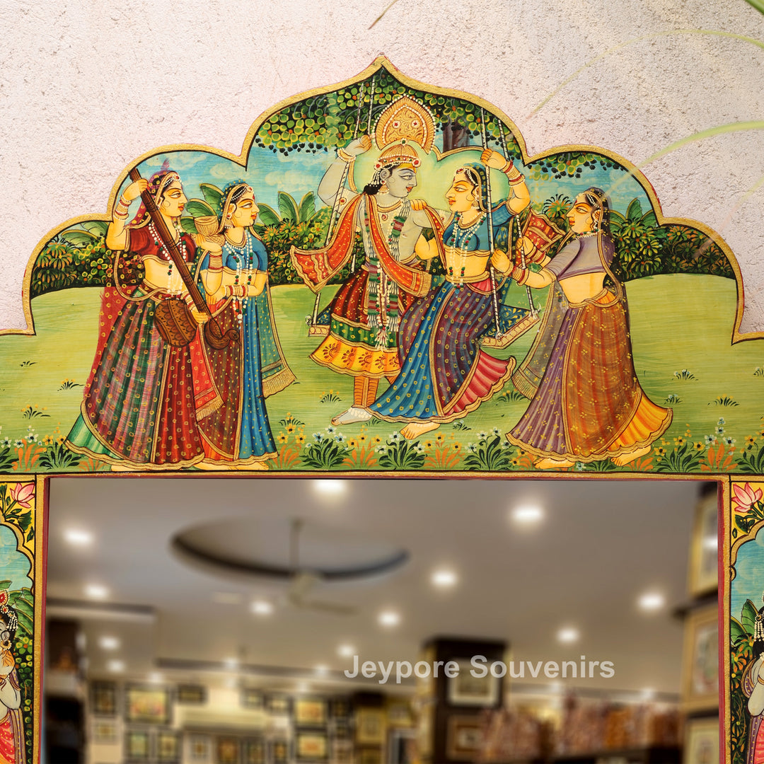 Radha Krishna Raas Leela Miniature Painting Decorative Wooden Wall Mirror