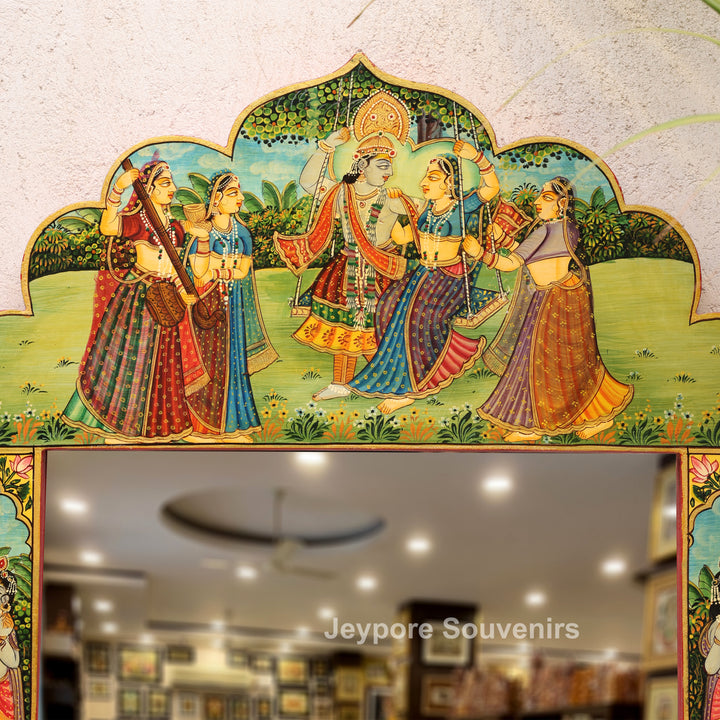 Radha Krishna Raas Leela Miniature Painting Decorative Wooden Wall Mirror