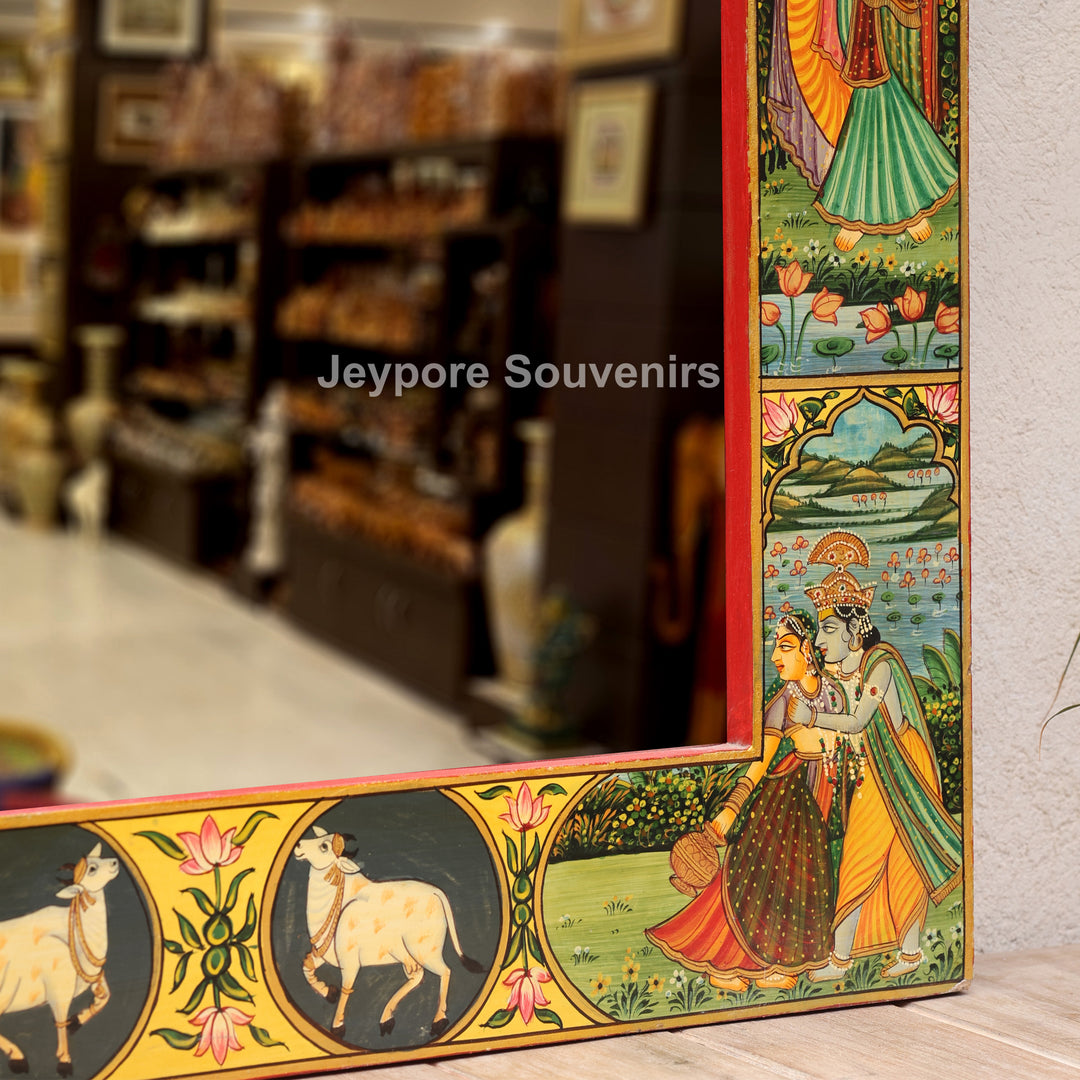 Radha Krishna Raas Leela Miniature Painting Decorative Wooden Wall Mirror