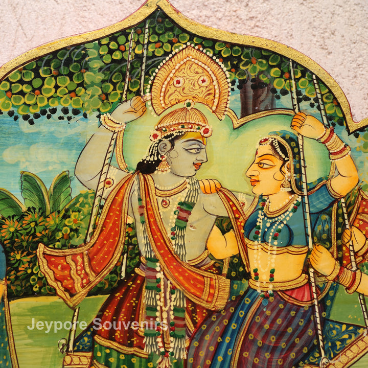 Radha Krishna Raas Leela Miniature Painting Decorative Wooden Wall Mirror