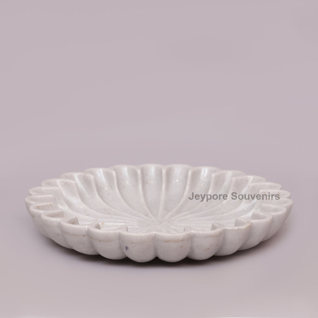 White Marble Flower Bowl with Scalloped Fluted Edges