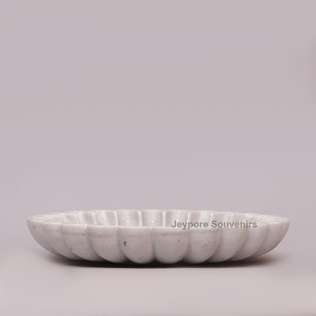 White Marble Flower Bowl with Scalloped Fluted Edges