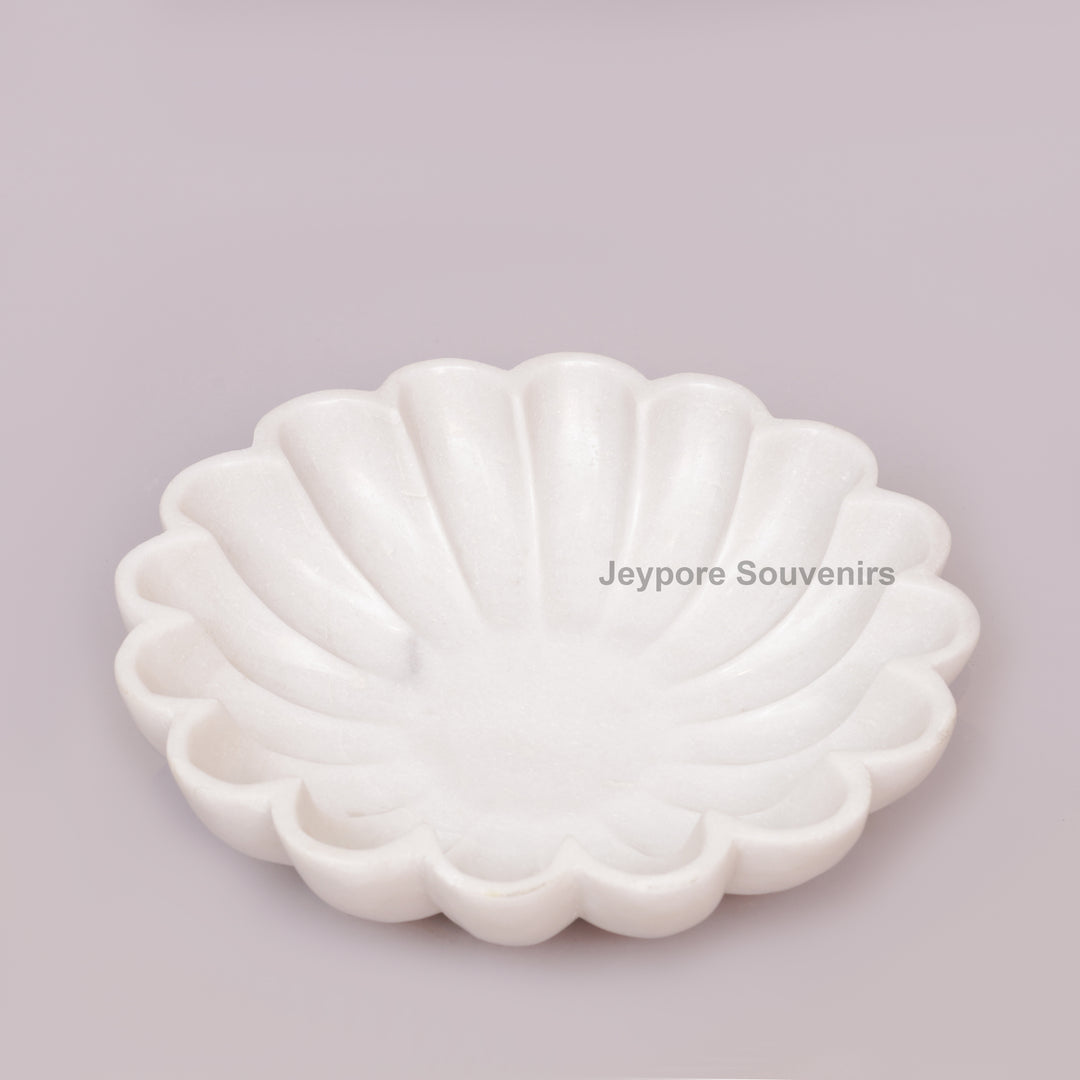 Hand-Carved White Marble Scalloped Bowl with Flower Petal Design