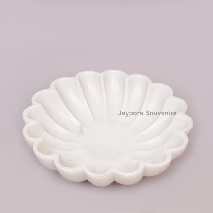 Hand-Carved White Marble Scalloped Bowl with Flower Petal Design