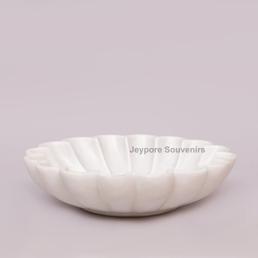 Hand-Carved White Marble Scalloped Bowl with Flower Petal Design