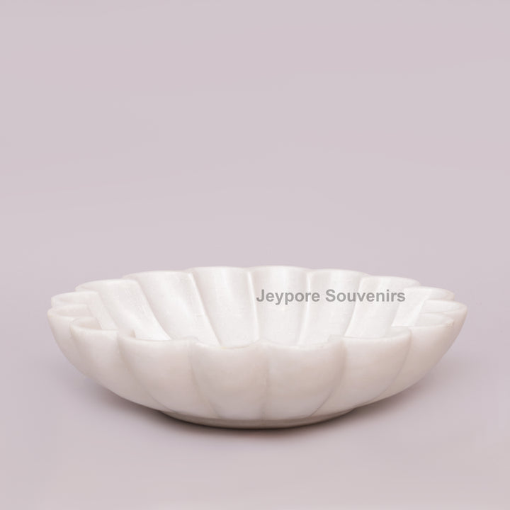 Hand-Carved White Marble Scalloped Bowl with Flower Petal Design