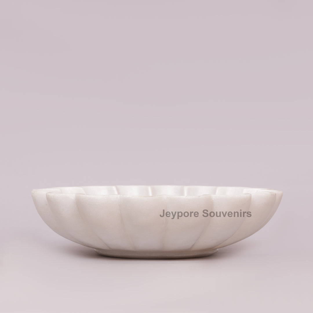 Hand-Carved White Marble Scalloped Bowl with Flower Petal Design