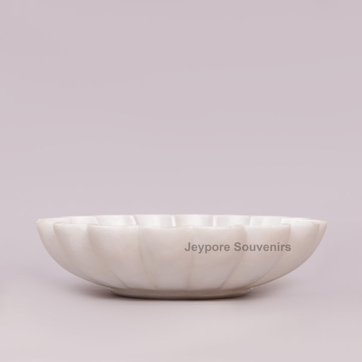 Hand-Carved White Marble Scalloped Bowl with Flower Petal Design