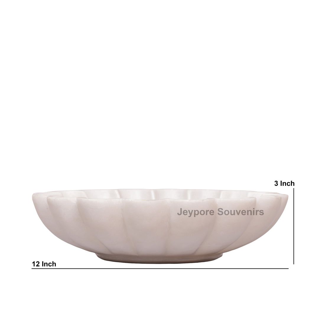 Hand-Carved White Marble Scalloped Bowl with Flower Petal Design
