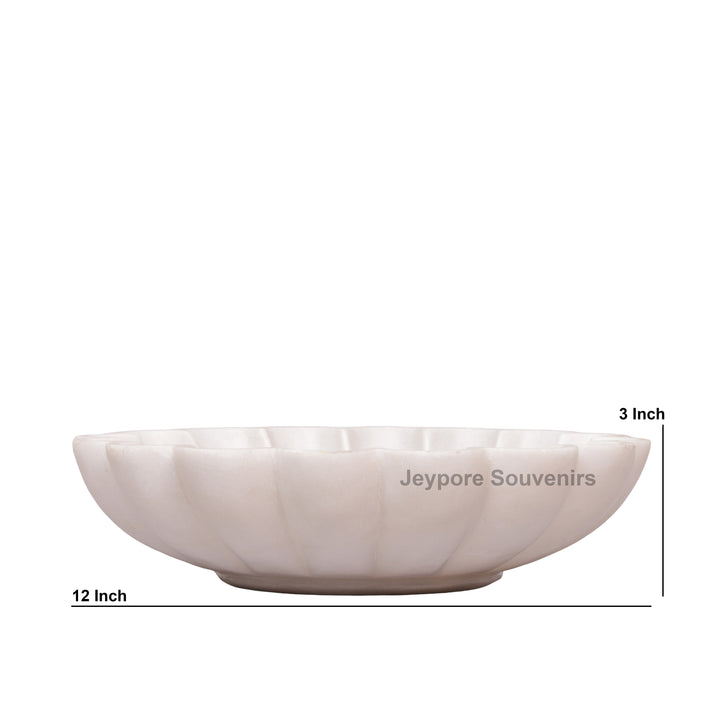 Hand-Carved White Marble Scalloped Bowl with Flower Petal Design