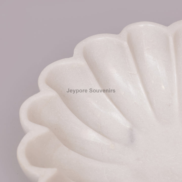 Hand-Carved White Marble Scalloped Bowl with Flower Petal Design