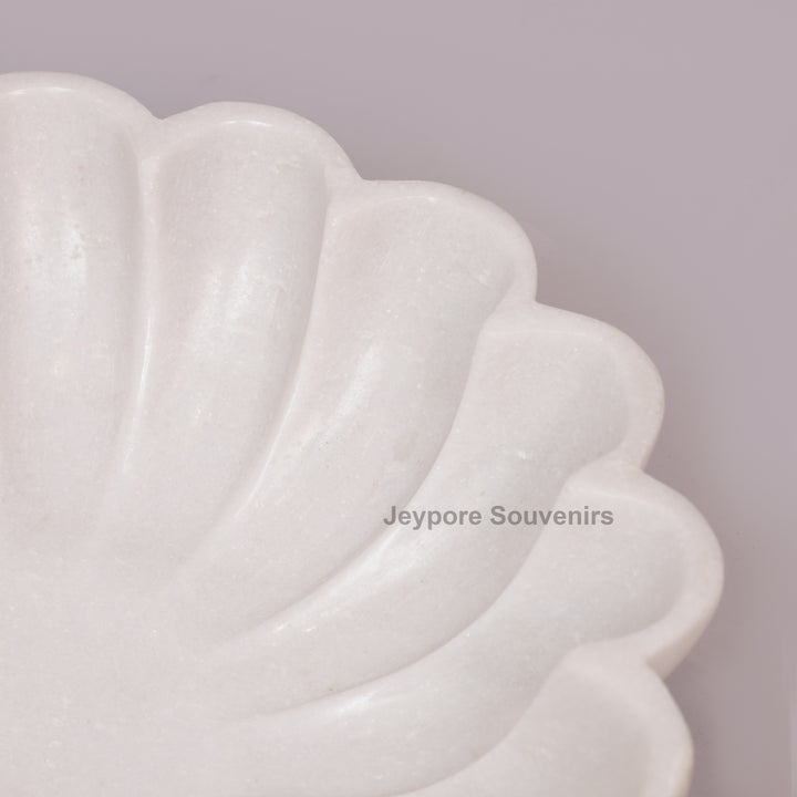 Hand-Carved White Marble Scalloped Bowl with Flower Petal Design