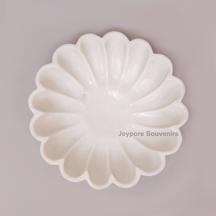Hand-Carved White Marble Scalloped Bowl with Flower Petal Design