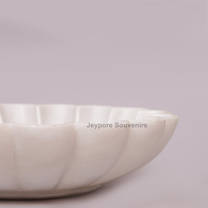 Hand-Carved White Marble Scalloped Bowl with Flower Petal Design