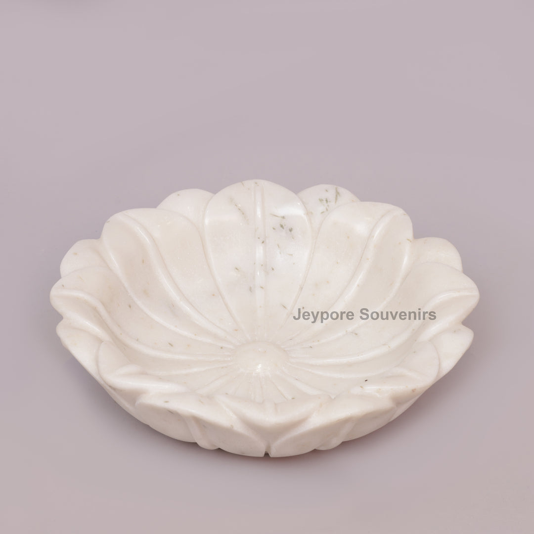 Hand-Carved White Marble Lotus Bowl with Flower Petal Design