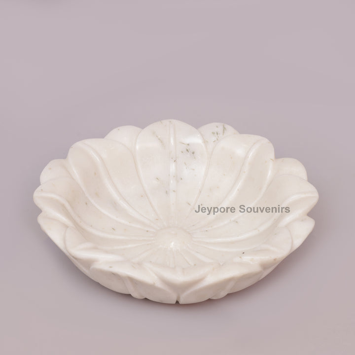 Hand-Carved White Marble Lotus Bowl with Flower Petal Design
