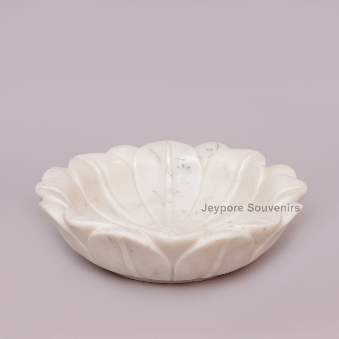 Hand-Carved White Marble Lotus Bowl with Flower Petal Design