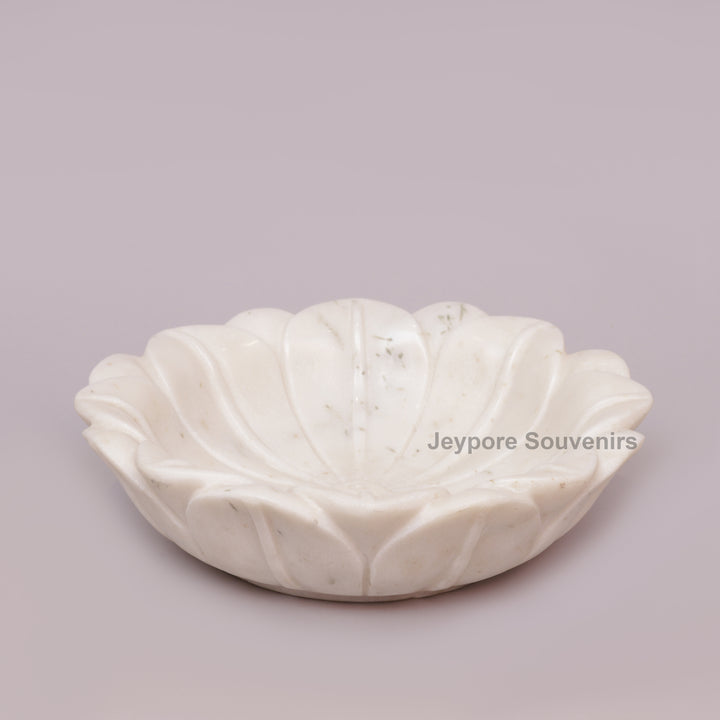 Hand-Carved White Marble Lotus Bowl with Flower Petal Design