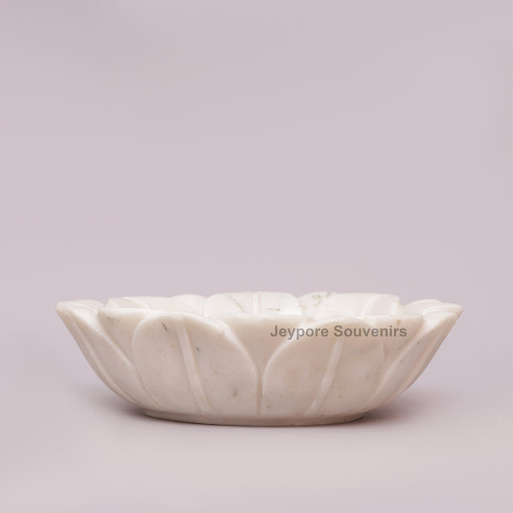 Hand-Carved White Marble Lotus Bowl with Flower Petal Design