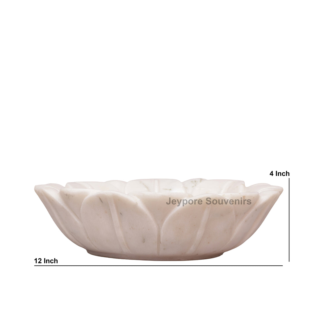 Hand-Carved White Marble Lotus Bowl with Flower Petal Design