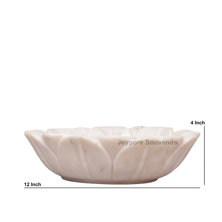 Hand-Carved White Marble Lotus Bowl with Flower Petal Design