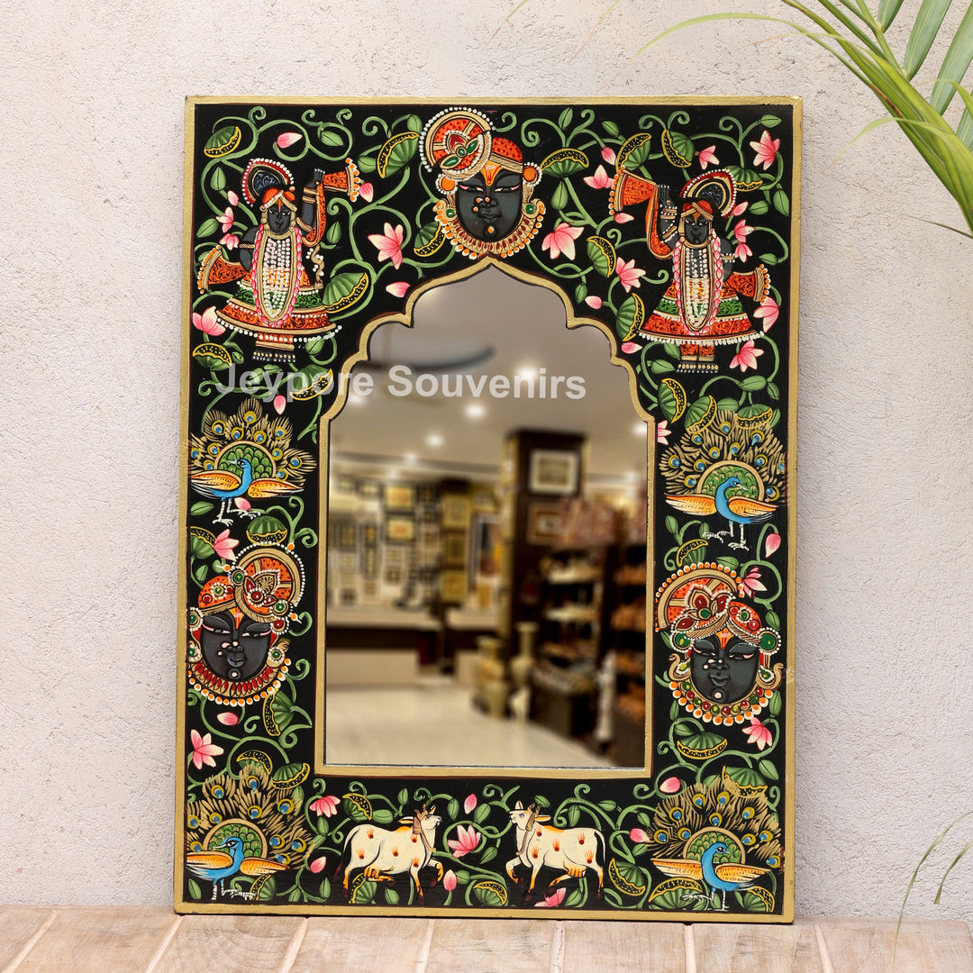 Handcrafted Shrinathji Pichwai Wooden Wall Mirror