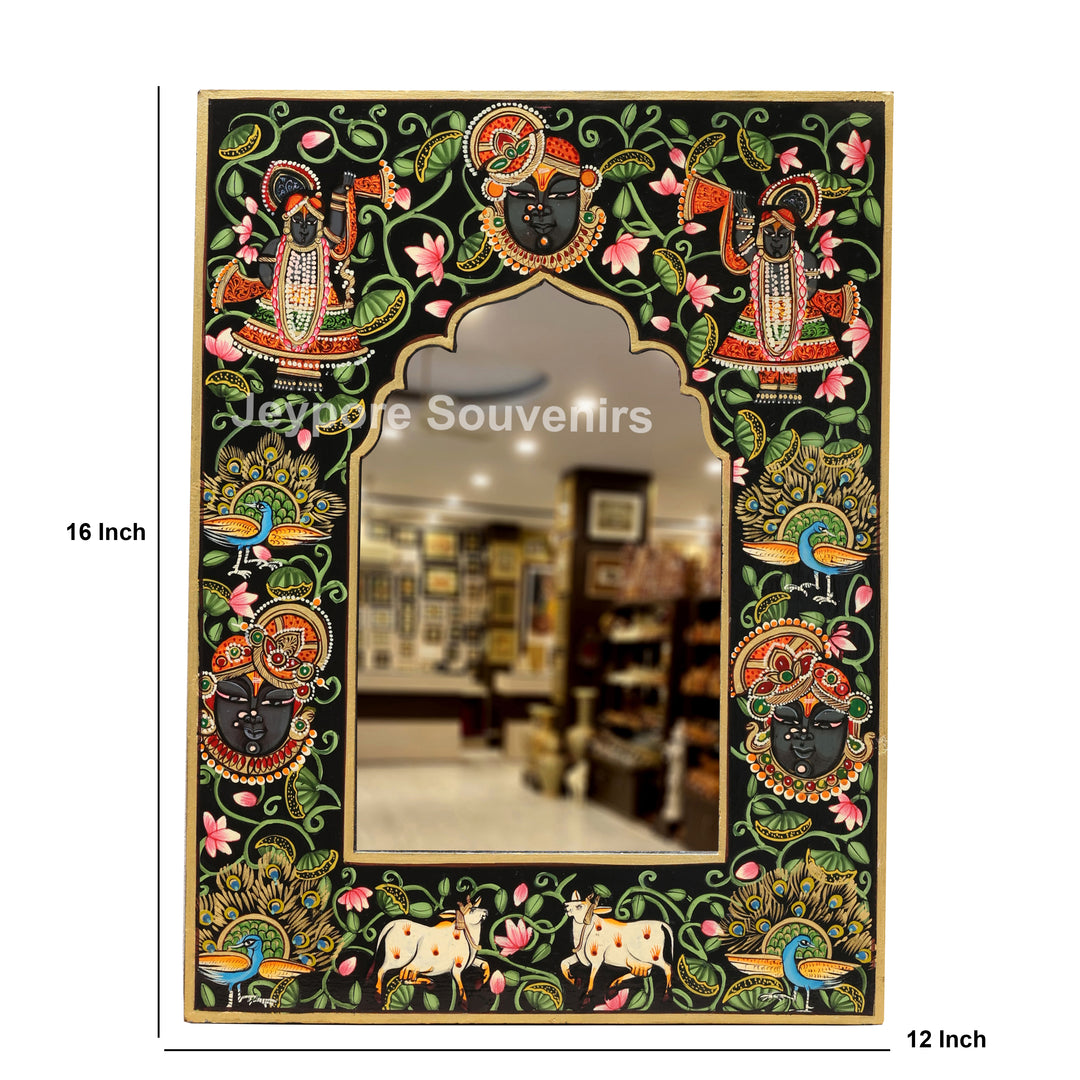 Handcrafted Shrinathji Pichwai Wooden Wall Mirror