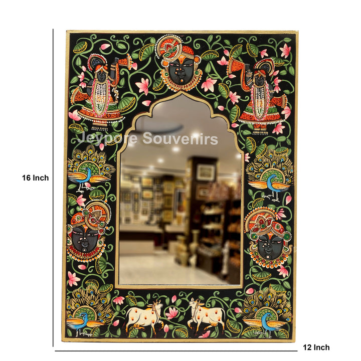 Handcrafted Shrinathji Pichwai Wooden Wall Mirror