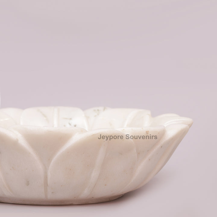 Hand-Carved White Marble Lotus Bowl with Flower Petal Design