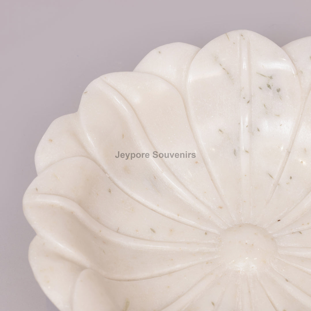Hand-Carved White Marble Lotus Bowl with Flower Petal Design
