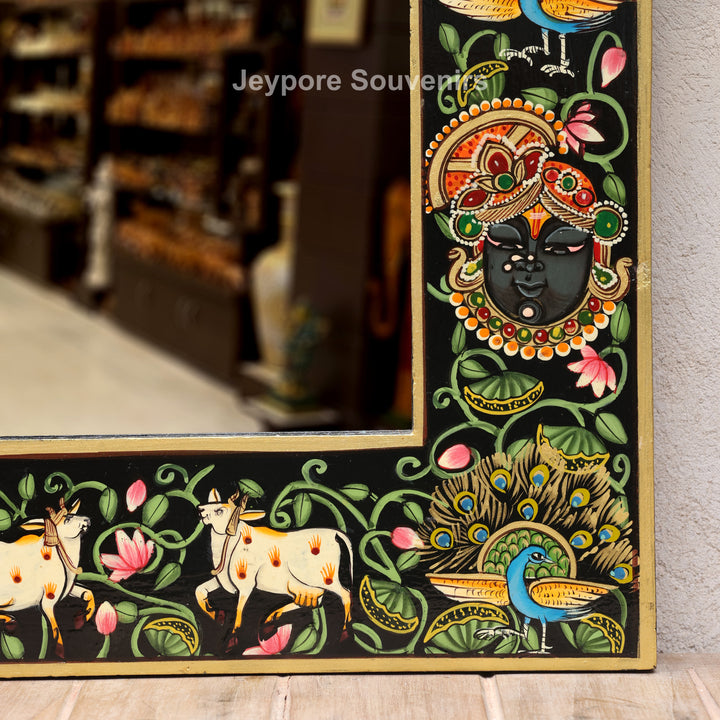 Handcrafted Shrinathji Pichwai Wooden Wall Mirror